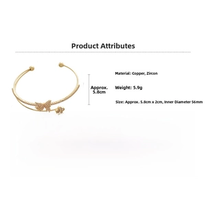Detail view of gold butterfly and flower bangle with zircon inlay, 5.8cm size and 5.9g weight