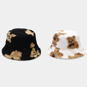 Women's Cute Bear Pattern Lamb Wool Bucket Hat Winter Thickened Warm Soft Plush Fisherman Hat Fashion Outdoor Sun Hat