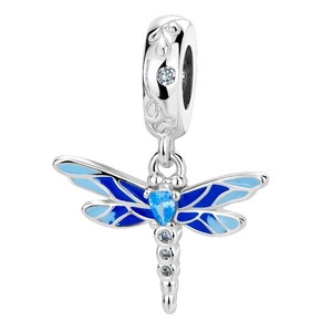Silver dragonfly charm with blue gradient enamel wings and sparkling cubic zirconia