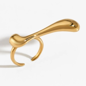 Artistic gold fluid teardrop open ring in polished stainless steel for women