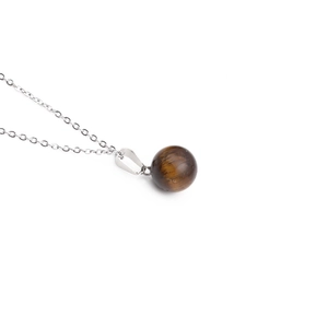 Minimalist silver chain necklace with a polished round tiger eye stone bead pendant