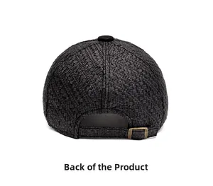 Detail of black woven baseball cap rear view showing adjustable bronze metal buckle