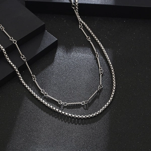 Vintage layered silver double chain necklace in polished stainless steel for men and women