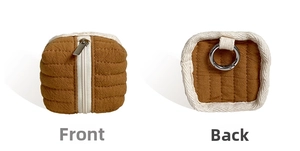 Front and back view of a quilted brown cable organizer bag with silver metal zipper and ring