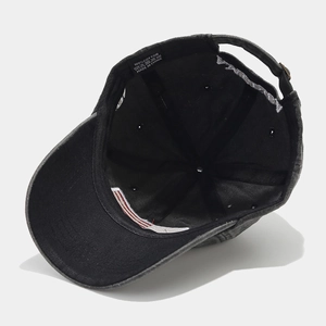 Distressed dark gray USA flag baseball cap made of 100% cotton with adjustable metal buckle