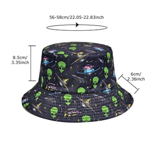 Unisex black alien and UFO print bucket hat with dimensions 56-58cm for sun protection