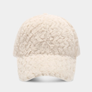 Detailed view of cream fuzzy warm baseball cap featuring a unique wavy plush texture