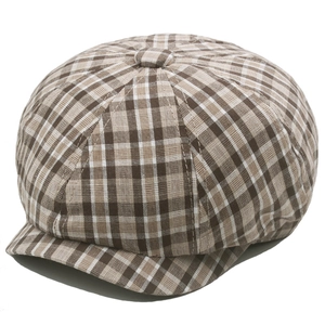 Classic brown plaid cotton octagonal beret cap with vintage checked pattern design