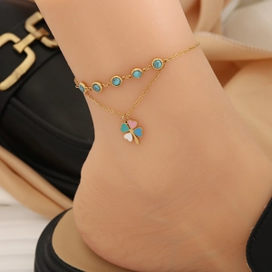 Double Layer Anklet Stainless Steel Turquoise Faux Artificial Pearl Pendant Heart Butterfly Clover Boho Foot Jewelry For Women