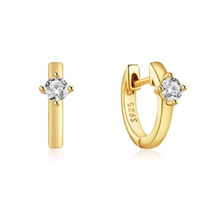 Detailed view of S925 sterling silver stamp on classic 4-prong gold-plated hoop earrings