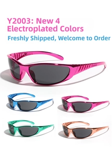 Macro detail of Y2003 Y2K silver sports sunglasses with colored plating and dark lenses
