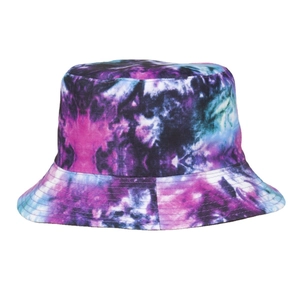 Reversible tie-dye bucket hat in purple and teal starburst galaxy print cotton