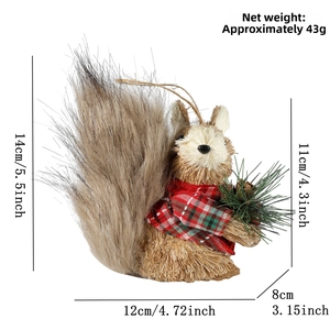 Detailed view of straw squirrel ornament with 14cm height dimensions and weight specs