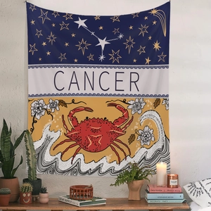 Detail view of Zodiac Cancer wall tapestry featuring celestial patterns and artful crab illustration