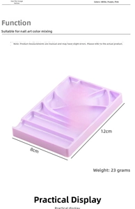 Detail view of purple plastic nail art palette with mixing grids and a brush rest holder