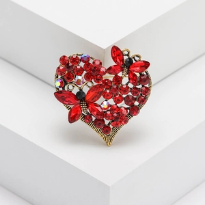Vintage gold heart brooch with red butterfly rhinestones and crystal accents