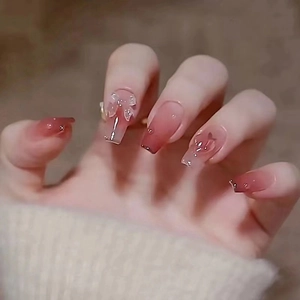 Photochromic Color Changing Gradient Pink Red Press On Nails With 3D Bowknot Heart Decor Square Round Artificial False Nails Plastic