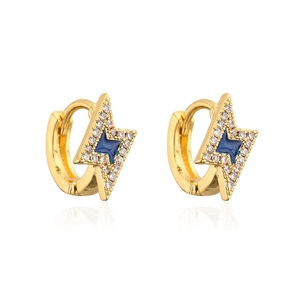 Detailed view of 18K gold plated lightning bolt earrings with blue enamel and zircon