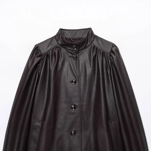 French retro dark brown leather cape jacket with stand collar and lantern sleeves