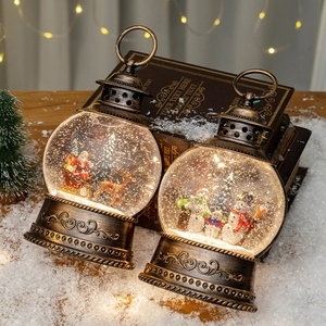 Vintage Christmas Snow Globe Lantern With LED Warm Light Santa Claus Snowman Water Glitter Desktop Ornament Holiday Gift