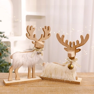 Christmas Reindeer Ornament Wooden Rocking Horse Desktop Decor Nordic Style Faux Fur Holiday Home Decoration