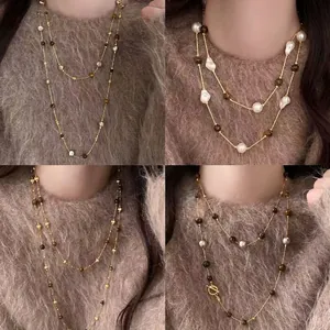 Vintage Maillard Style Tiger Eye Stone Artificial Pearl Copper Long Layered Sweater Chain Necklace For Women Retro Elegant Jewelry