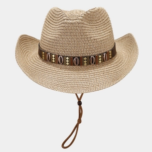 Handwoven straw cowboy hat with ethnic beaded band and windproof rope for summer beach