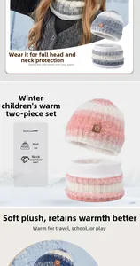 Close-up of children's winter knit hat and neck warmer set with thick plush lining
