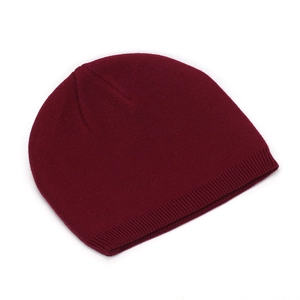 Detailed close-up showing the fine knit texture and ribbed edge of this dark burgundy beanie