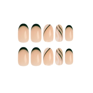 French almond press-on nails with olive green tips and white swirl designs on pink base