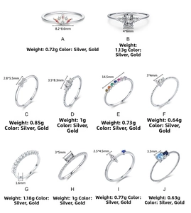 Griglia dettagliata di 10 anelli in argento sterling 925 con pesi e dimensioni