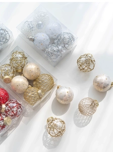 Detailed view of 6cm PET Christmas balls with glitter coating and geometric woven patterns