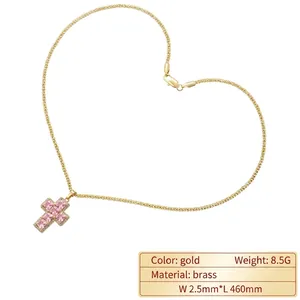 Hip hop gold brass cross necklace with pink crystals and white diamonds, 460mm corn chain