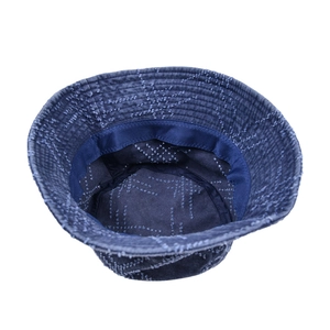 Vintage dark blue denim bucket hat with embroidered stars and a distressed finish