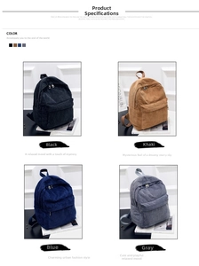 Corduroy backpack shown in black, khaki, blue, and gray colors with a front pocket