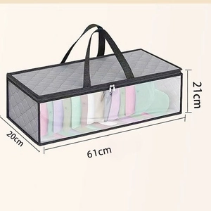 Grey non-woven fabric hat storage bag with clear window and handles, 61x20x21cm size