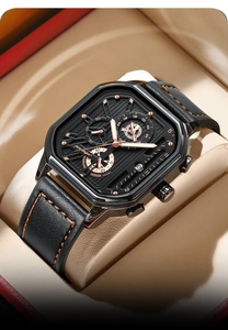 Men's waterproof watch with black square dial and leather strap in beige gift box