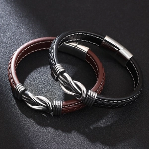 Punk vintage men's braided leather bracelet with stainless steel magnetic clasp closure