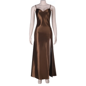 Detail view of brown satin evening dress with cowl neck and side slit on mannequin