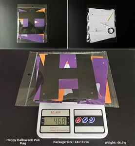 Halloween alphabet banner packaging details showing size 24x18cm and 46.9g weight