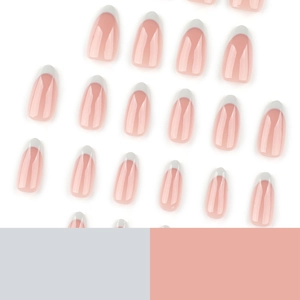 French tip almond press-on nails in nude pink and white color with glossy finish