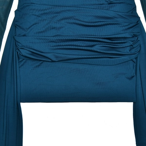 Detail shot of blue bodycon dress featuring elegant ruched mesh fabric and flowing ribbons