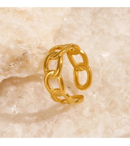 Close-up of 18K gold plated chain ring displayed on a translucent quartz stone