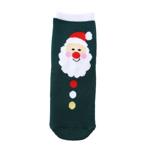 Thick Christmas socks for children in dark green with Santa Claus pattern and button decor