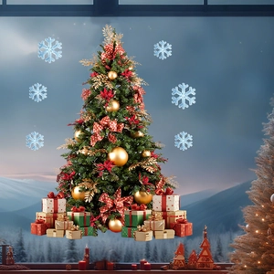Close-up of festive Christmas tree window decals with gift boxes and colorful snowflakes