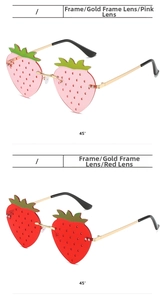 Detail view of strawberry-shaped sunglasses with gold frames and pink or red lenses