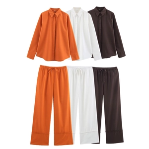 Women Casual Outfit Solid Color Long Sleeve Lapel Shirt And Drawstring Wide Leg Pants Streetwear Loose Loungewear