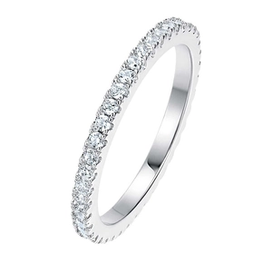Detail view of eternity band ring with micro-paved cubic zirconia in silver finish