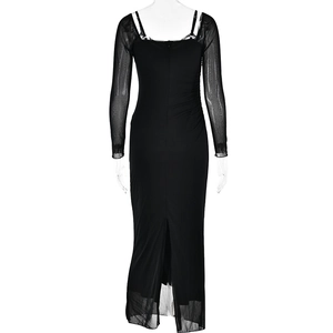 Detail of elegant black long-sleeve maxi dress with square neck and sheer mesh panels