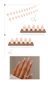 Detail of almond-shaped press-on nails with white daisies and French tips in 24-piece set